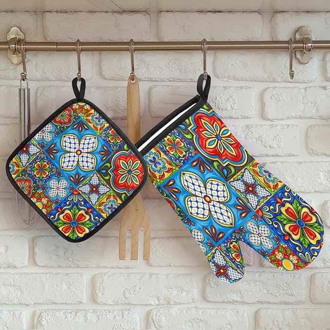 Oven Mitts and Pot Holders Sets of 2,Mexican Talavera Flower Heat Resistant Kitchen Oven Gloves Potholder for Baking Grilling BBQ Cooking