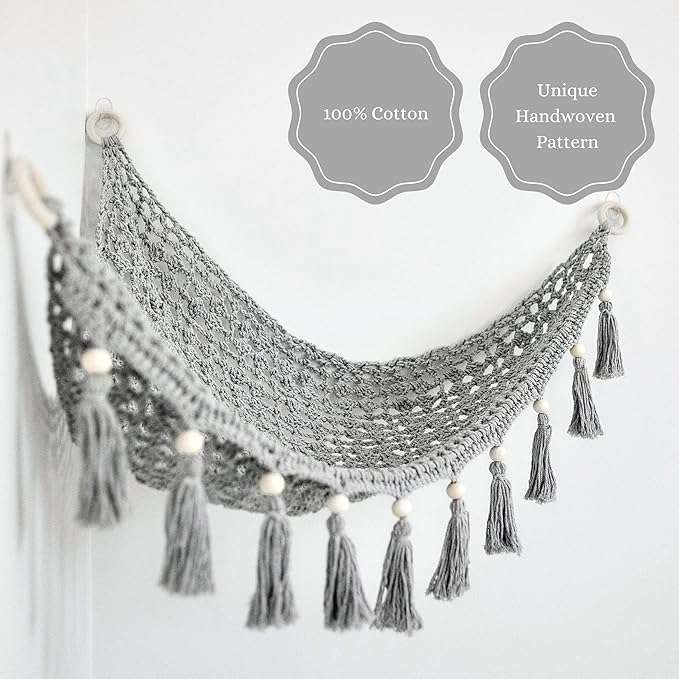 Sasa Baby and Toddler Macrame Toy Hammock for Stuffed Animals - Plush Toy Hammock, Grey Nursery Decor, Hanging Stuffed Animal Organizer, Pebble Grey