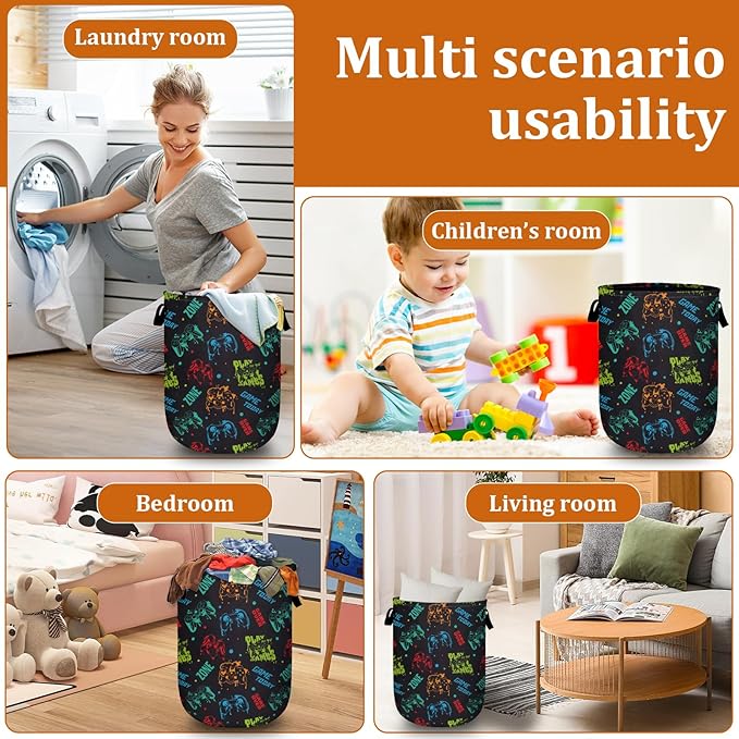 Colorful Game Machine Laundry Basket with Sturdy Handles, Collapsible Oxford Cloth Laundry Hamper Organizer Basket for Bathroom Bedroom 15.7x20 Inch