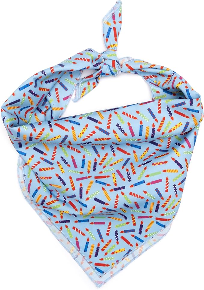 THE WORTHY DOG Classic Tie-Ir Dog Bandana – Soft Cotton Flannel Square Pet Bandana, It's My Birthday Pattern, Blue, Small