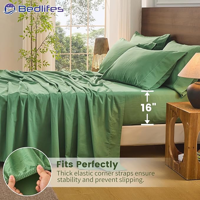 Bedlifes 100% French Pure Linen Sheets Queen Size Breathable and Cooling Flax Sheet Set Soft Durable and Moisture Wicking 16 Inch Deep Pocket-4 Piece(Queen,Sage Green)