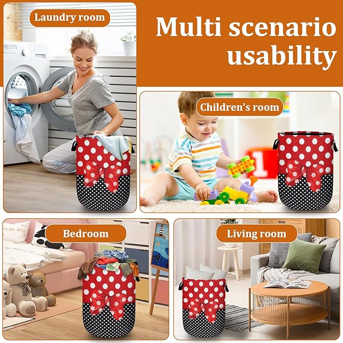 Polka Dot Red Bow Laundry Basket with Sturdy Handles, Collapsible Oxford Cloth Laundry Hamper Organizer Basket for Bathroom Bedroom 15.7x20 Inch