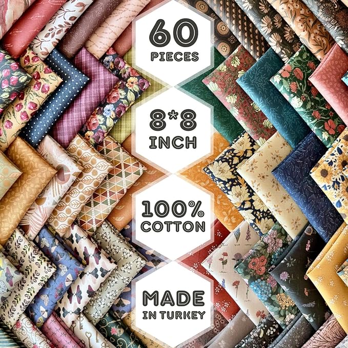 Vintage Floral & Botanical Cotton Fabric Bundle – 60 Pre-Cut Squares (8×8 inch), 100% Cotton 140 GSM, Eco Digital Print, Made in Turkey