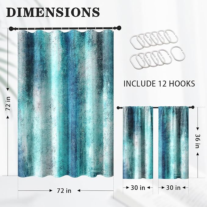 Culudea Turquoise Teal Grey Gray Waffle Textured Cloth Shower Curtain Set, Painting Abstract Modern Art Bathroom Window Waterproof Shower Curtains for Bathroom Decor