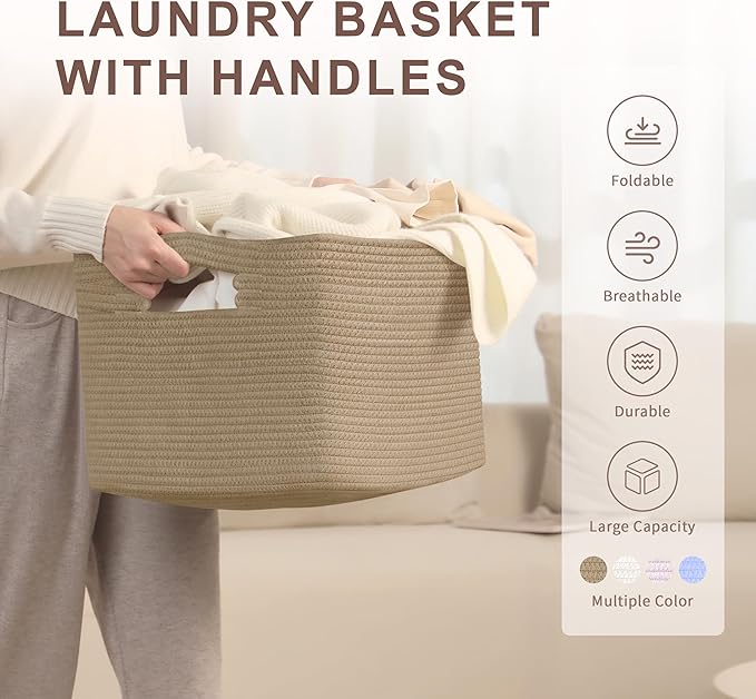 SunNewt 45L Small Wicker Laundry Basket for Living Room Storage,Cute Boho Woven Cotton Rope Baskets for Kids Toy,Gifts,Square Blanket Hamper for Bedroom Dirty Clothes,Jute