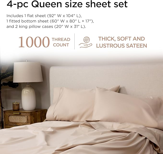 Threadmill Luxury Supima Cotton Sheets, Luxury 1000 Thread Count Soft 100% Cotton Sheets for Queen Size Bed, 4 Pc Beige Bed Queen Set, 5-Star Hotel Quality Elasticized Deep Pocket Bed Sheets Set
