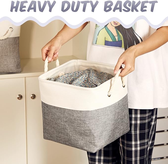Geiserailie 6 Pcs 11 x 11 Inch Cube Storage Bins Fabric Storage Organizer Bins Foldable Cube Baskets with Sturdy Carry Handles Wicker Baskets for Home (Gray and White)