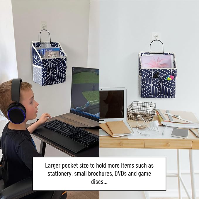 HZZTY BRNY 2pcs Wall Hanging Storage Bag, Small Door Closet Linen Fabric Pockets Organizer, Waterproof Multi Functional for Living Room Bedroom Bathroom Kitchen RV Camper with Hooks Pattern Navy