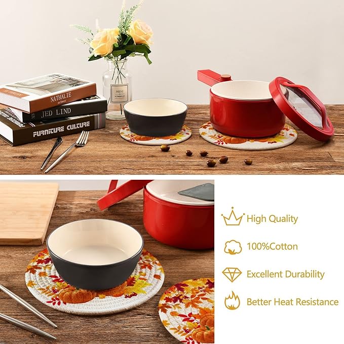 Boccsty Yellow Pumpkins Trivet Mat 2PCS Autumn Leaves Round Woven Potholders Kitchen Table Countertop Protector Hot Pads Farmhouse Coasters Counter Mat