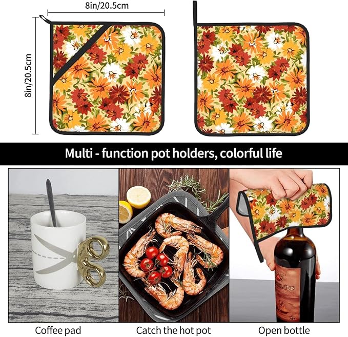 2 Pieces Floral Daisy House Pot Holders for Kitchen Heat Resistant, 2pc Decorative Flower Pot Holder Set, Fashionable Pot Holders for Kitchen and Baking (Orange)