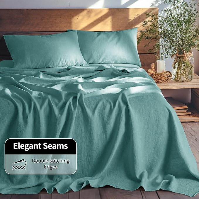 LBRO2M 100% Linen Sheet Set Twin Size,Bed Sheets 3 Piece Sets,Solid Color Natural Flax Bed Sheets Soft Breathable Bedding,16" Deep Pocket,All Season (Twin, Aqua)
