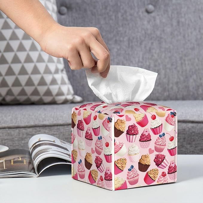 POIUBLE Tissue Box Holder Delicious Cupcakes Tissue Box Cover Square Leather Tissue Holder Organizer Portable Decorative Facial Paper Case for Home Office Bathroom Vanity Countertop