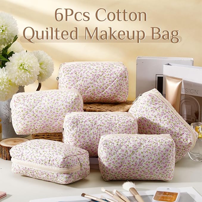 Paterr 6 Pcs Quilted Makeup Bag Bulk for Women Girls Birthday Valentine's Day Bridesmaid Gifts Cute Cotton Cosmetic Pouch Bow Floral Coquette Aesthetic Travel Toiletry Bag(Small Floral,Pink)