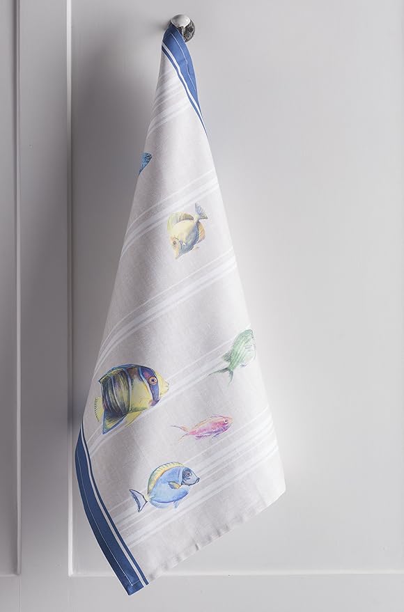 Maison d' Hermine Kitchen Towels Set of 3 100% Cotton 27.50" x 20" Reusable Cloth Tea Dish Towels Absorbent with Hanging Loop for Kitchen, Home, Dining, Cocktail Parties Spring/Summer (Poisson)