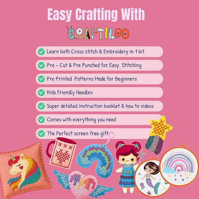 CRAFTILOO 2 in1 Cross Stitch & Embroidery Kit for Kids Ages 6+ Make 8 Projects Backpack Charms, Keyring, Doll, Wall Art, Unicorn Pillow & Card Holder Beginner Needlepoint & Creative Gift Set