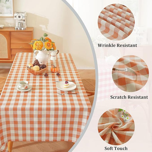 Alsoo Checkered Tablecloth Rectangle Gingham Table Cloth Washable Cotton Linen Fall Thanksgiving Buffalo Plaid Table Cover for Picnic Kitchen Dining Room, Orange and White, 60 * 90 inch
