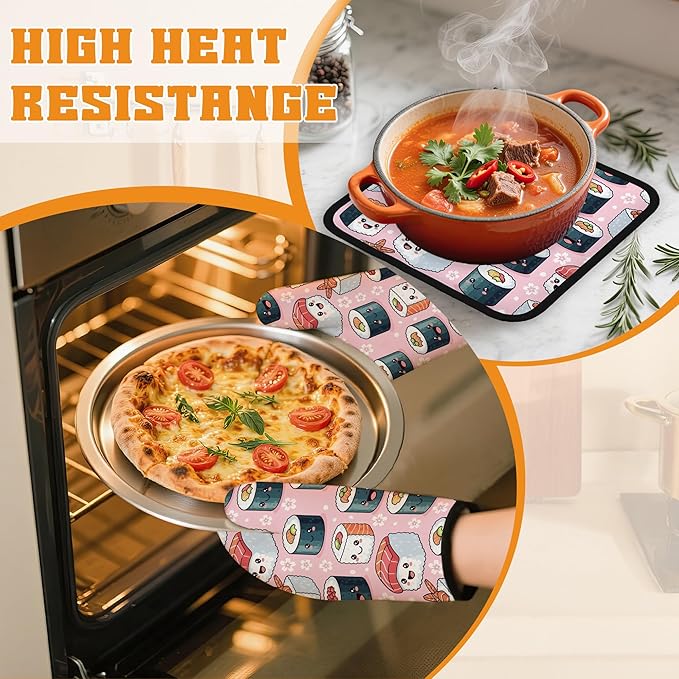 Cute Sushi Roll Japanese Oven Mitts and Pot Holders Set,Kitchen Decor Heat Resistant Non Slip Hot Pads and Oven Mitt for Chef Cooking Baking BBQ Mom Girl Gifts(4 Piece Set)