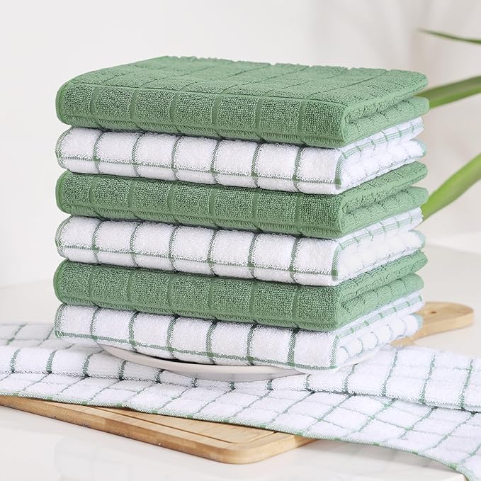 Homaxy Premium Cotton Kitchen Towels 16"x 28", Large Natural Ring Spun 390 GSM Dish Towels, Super Absorbent Terry Kitchen Hand Towels, Soft Tea Towels with Hanging Loop, Grass Green Check, 12 Pack