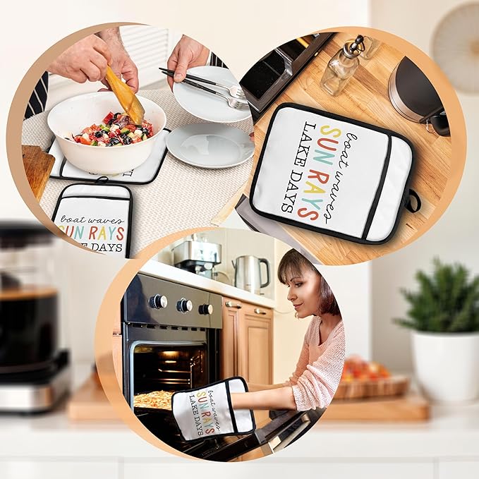 Lake Gifts Pot Holders with Pockets, Lake House Life Gifts for Women, Boat Waves Sun Rays Oven Pot Holders Heat Resistant Oven Mitts Hot Pads for Kitchen Baking Cooking