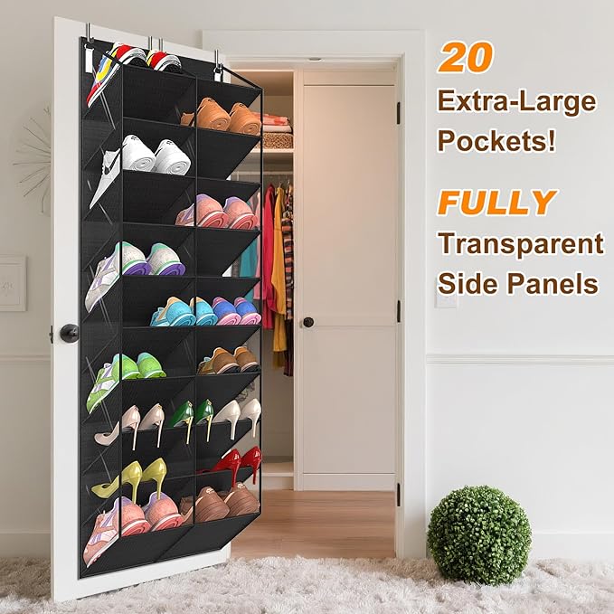 UVIAHOMI 30 Pairs Over the Door Shoe Organizer, Clear Pockets Hanging Shoe Storage for Closet, 10-Tier Door Shoes Rack Storage, Handing Shoes Holder Fit All the Family's Sneakers, Boots, Heels, Black
