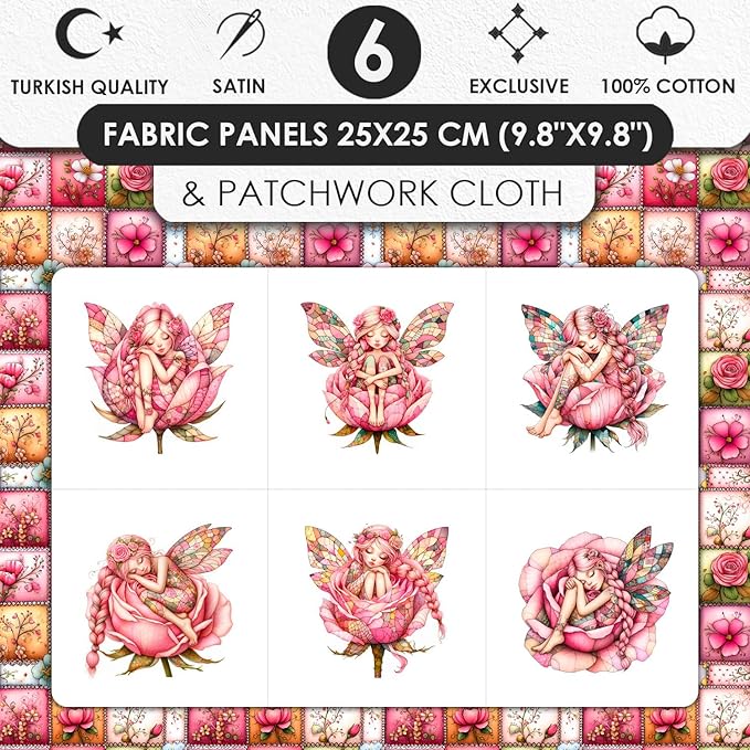 ‍ Pink Fairy Patchwork Cotton Fabric Panel – 6 Designs (10×10 inch Each) + Bonus Patchwork Sheet 29.5×19.6 inch, 100% Cotton 140 GSM