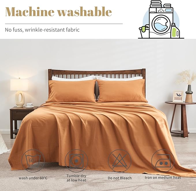 Simple&Opulence Belgian Linen Sheet Set Solid Color - 4 Pieces (1 Flat Sheet, 1 Fitted Sheet & 2 Pillowcases) Natural Flax Cotton Blend Soft Breathable Farmhouse Bedding - King Size, Rust