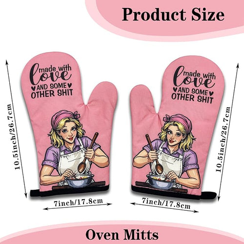 2 Pack Funny Baking Oven Mitts, Made with Love and Some Other Shit, Vintage Lady Heat Resistant Non-Slip Mitts, Humorous Bake Lovers Gifts, Housewarming Gifts for Women Hostess Chef Friend