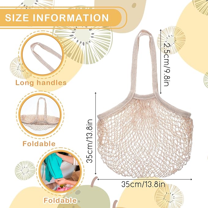 Lemecima 12 Pcs Reusable Cotton Mesh Produce Shopping Bags Washable Grocery Net Portable Fruit and Vegetable Cotton String Bags Long Handle Net Tote Organizer(Long Handle)