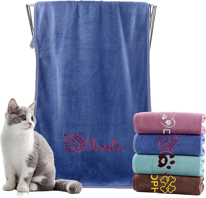 xrlsg Personalized Cat Towel Custom Towel for Cat Bath Supplies with Embroidered Pattern Name Super Absorbent Towels for Pet Bath 20 in x 40 in Blue