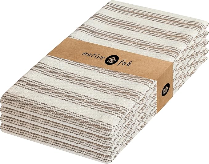 Native Fab 4 Pack Farmhouse Modern Stripe Kitchen Dish Towels Cotton Super Absorbent Quick Drying Reusable 18x26 Inches - Bar Hand Towels, Kitchen Cleaning Towels with Hanging Loop, Zaha Brown