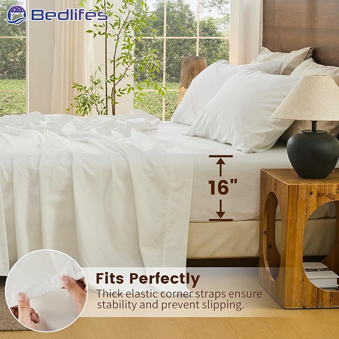 Bedlifes 100% French Pure Linen Sheets Queen Size Breathable and Cooling Flax Sheet Set Soft Durable and Moisture Wicking 16 Inch Deep Pocket-4 Piece(Queen,White)