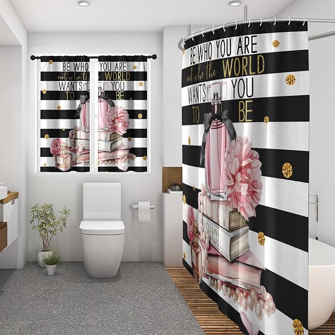 Culudea Pink Fashion Inspirational Quotes Perfume Shower Curtain Set, Floral Woman Girl Bathroom Window Waterproof Shower Curtain Set for Bathroom Decor