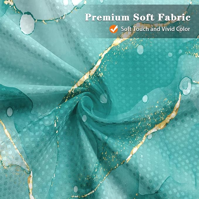 Culudea Mint Green Marble Gold Shower Curtain Set, Teal Turquoise Blue Abstract Bathroom Window Waterproof Shower Curtain Set for Bathroom Decor