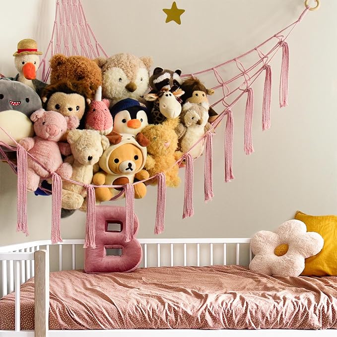 mirolam Stuffed Animal Storage Hammock Net - Toy Hammock Net for Stuffed Animals Corner - Hanging Stuff Animal Organizer Holder Large Pink Baby Nursery Room Decor