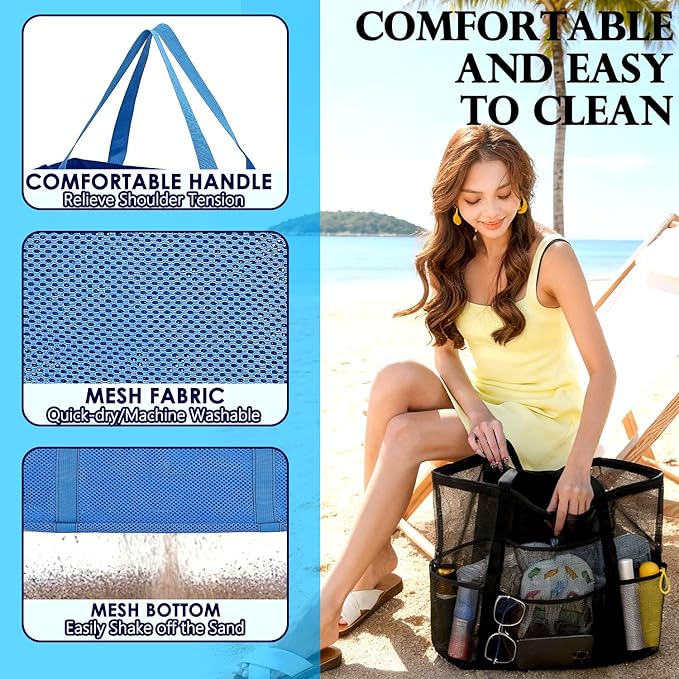 Fammart Mesh Beach Bag, Large Beach Tote with Zipper Pocket for Family Pool Bag for Toys & Vacation Essentials