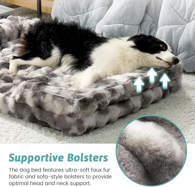 COZY KISS Orthopedic Dog Bed for Large Size Dog, Soft Warm Faux Fur Extra Large Sofa for Pet Up to 100 lbs, Foam Bolster Anti-Slip Couch with Washable Removable Cover, XL 44x32x7 inch, Tie Dye Grey