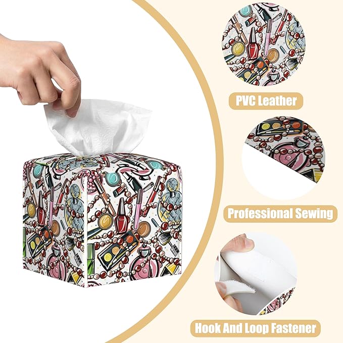 BLYKVGHQ Scattered Cosmetics Tissue Box Cover Square, Perfume and Lipstick Tissue Box Holder with Bottom Belt Leather Facial Paper Organizer Dispenser for Bathroom Bedroom Dresser Night Stand Tabletop