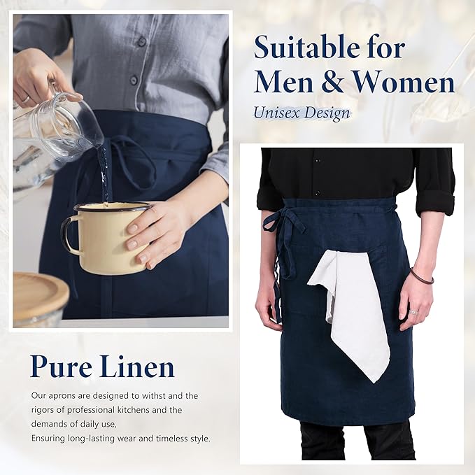 Pure Linen Bistro Half Apron - 25 x 35 Inch Unisex Waist Aprons with Large Pocket Ideal for Kitchen Crafts and More