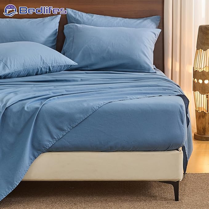 Bedlifes 100% French Pure Linen Sheets California King Size Breathable and Cooling Flax Sheet Set Soft Durable and Moisture Wicking 16 Inch Deep Pocket-4 Piece(Cal King,Flint Blue)