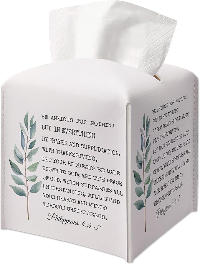 Christian Decorative Tissue Box Cover Square, Facial Paper Organizer, Bible Verse Inspirational Gift Ideas for Friends, Be Anxious for Nothing, Bathroom Office Decor-(5.2 Inches)
