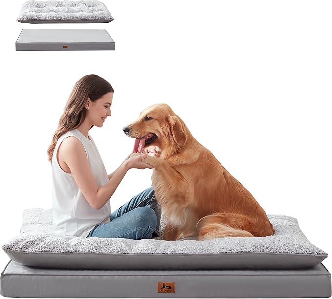 Warmrest 2-Pack XL Waterproof Dog Bed Large Size Dogs, Plush Cushion & Orthopedic Egg-Crate Foam Mattress for Senior Dogs, Washable Dog Crate Bed with Removable Cover, Light Grey