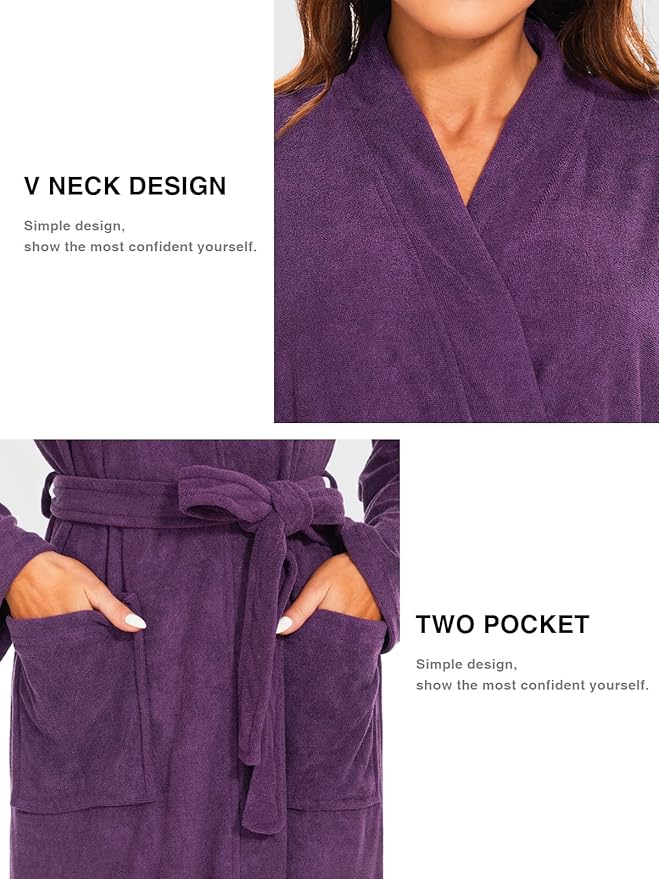 Knuffnee Women Bath Robes Terry Cloth Towel Robe Knee Length Bathrobe with Pockets