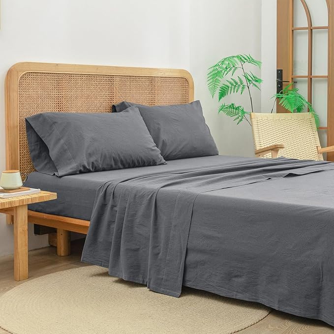 BESTOUCH Sheet Set 100% Washed Cotton Linen Feel Super Soft Comfortable Chic Lightweight 4 Pcs Home Bedding Set Solid Quiet Shade Grey Cal King