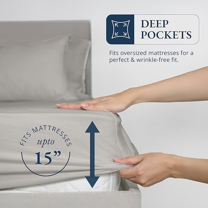 LANE LINEN 100% Organic Cotton Fitted Sheet Full Size, 3Pc Set (1 Fitted Sheet, 2 Pillowcases), Percale Weave, Full Bed Fitted Sheets, Breathable, Fits Mattress Upto 15' Deep - Silver(No Flat Sheet)