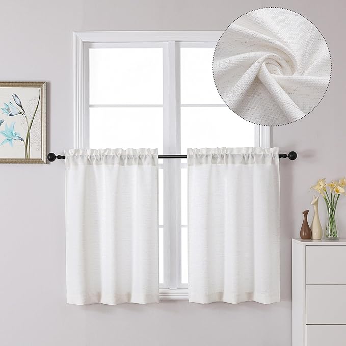 Lecloud Bessie Kitchen Curtains 30 Inch Length 2 Pcs, Faux Linen Cafe Kitchen Curtain Tiers, Burlap Farmhouse Rod Pocket Window Treatment for Bathroom Besement, Each 30 W x 30 L, Natural