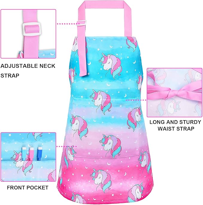 Sylfairy Aprons for Kids Girls Rainbow Unicorn Apron Children Kitchen Chef Aprons Smock (Pink, Medium,6-12Years)