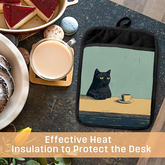 Vintage Coffee Black Cat Pot Holders with Pockets, Cat Kitchen Decor, Retro Quirky Black Kitten Oven Pot Holders Heat Resistant Oven Mitts Hot Pads for Kitchen Baking Cooking