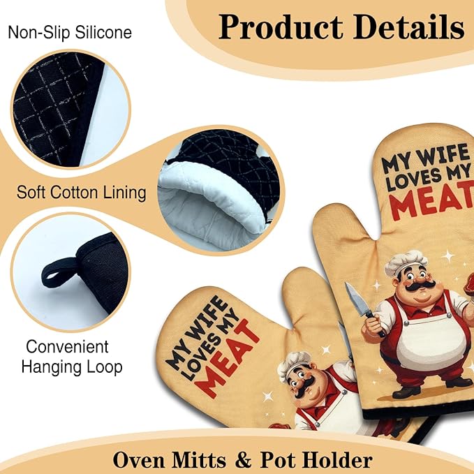 2 Pack Funny BBQ Oven Mitts, My Wife Loves My Meat, Heat Resistant Non-Slip Mitts, Husband Christmas Birthday Gifts from Wife, Humorous Grilling Cooking Gifts for Men Husband Chef Friend