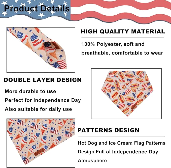 ADOGGYGO American Flag Dog Bandana, Ice Cream Hamburg Flag Pet Scarf, Premium Durable Fabric, Patriotic 4th of July Bandanas for Extra Large Dogs Pets (X-Large)