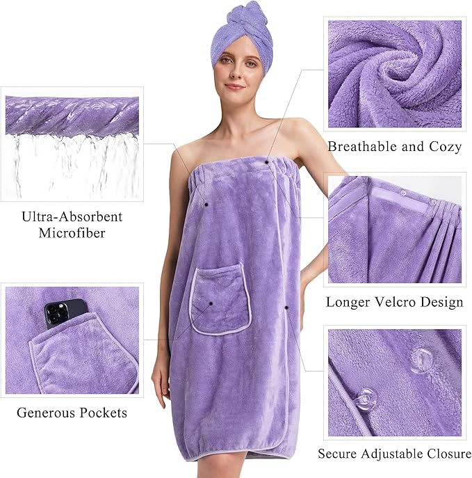 PJGGZ Towel Wrap for Women, Three Adjust Clasps Closure Bath Wraps After Shower Spa Sauna Bathrobe(Available in Plus Size)